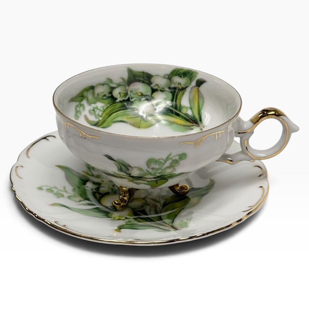 Vintage Cherry China Lily of the Valley 3 Footed Tea Cup Saucer Set Gold Japan